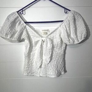 See You Monday White Tie Front Puff Sleeve Textured Top XS